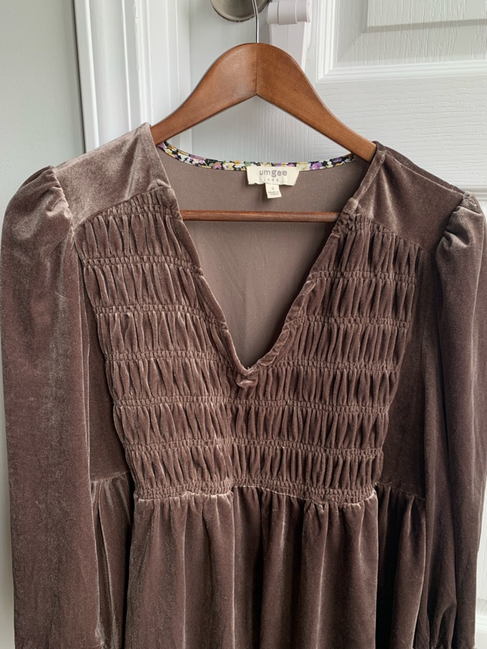 Umgee Velvet Smocked Peasant Blouse in Brown - Picture 2 of 6